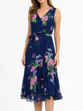 Talbots Navy Blue Sleeveless Floral Midi Dress Size 4 Flowy with Ruffle